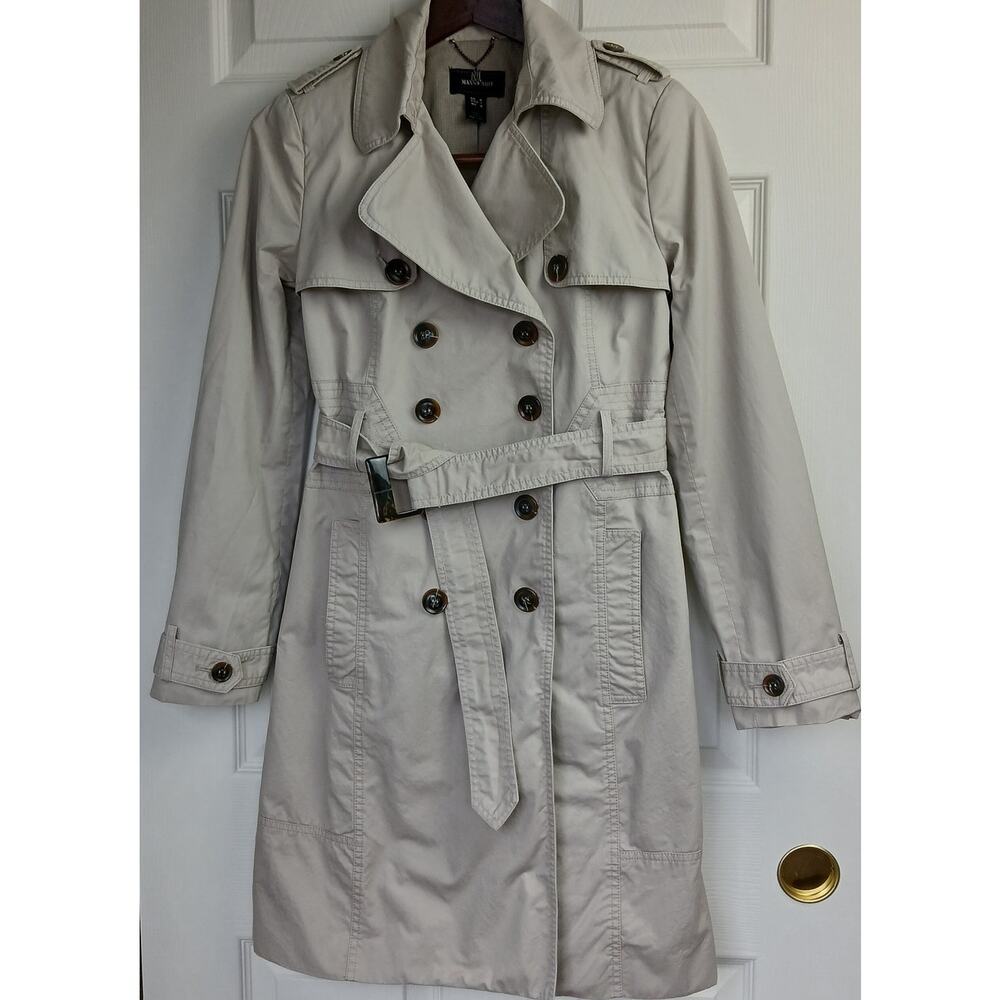 MNG Mango Suit Tan Trench Coat M REPAIRED double breasted cotton tortoise shell